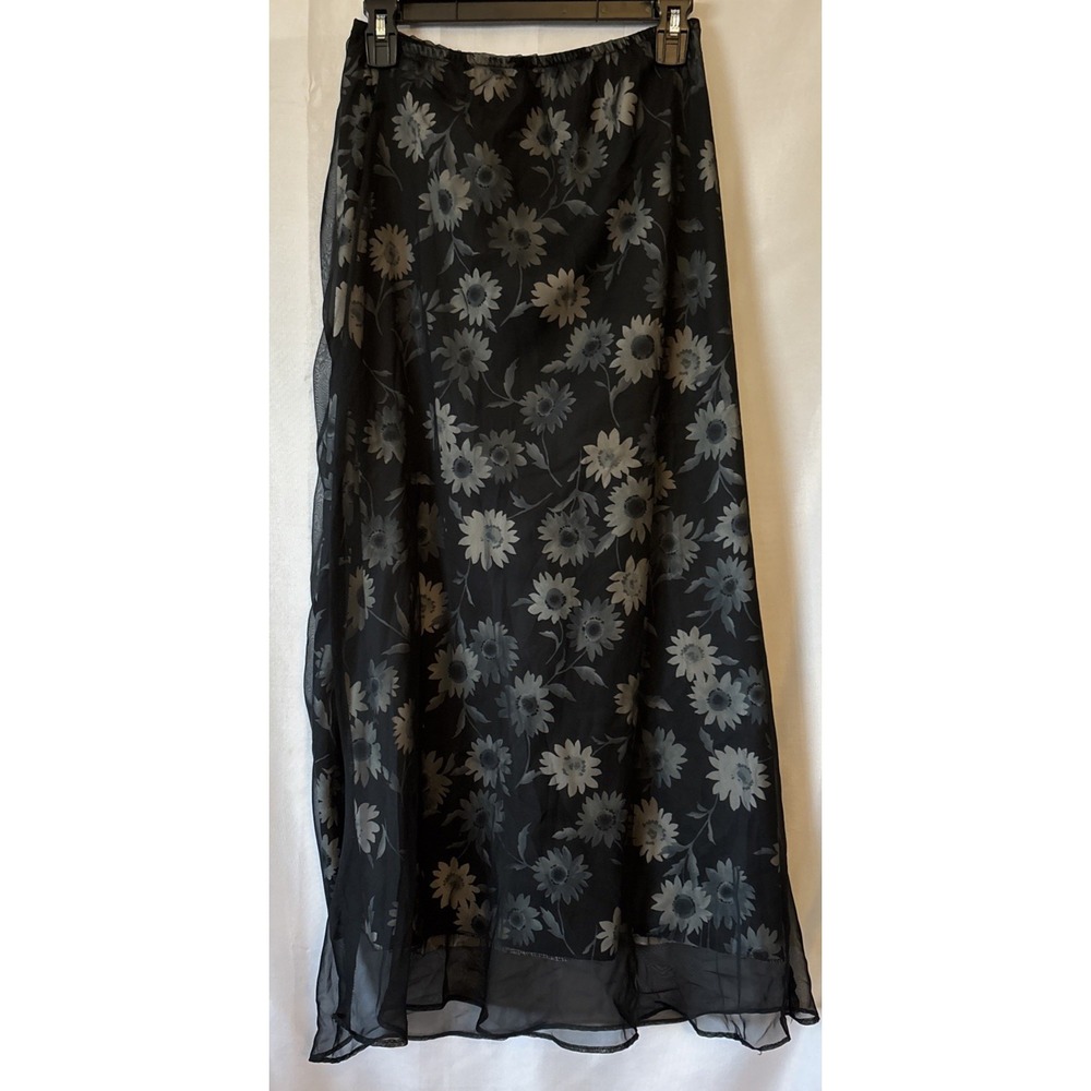 Vintage Y2K Sheer Lace Floral Maxi Skirt Black Lined Overlay Fairy Goth M   Flaw